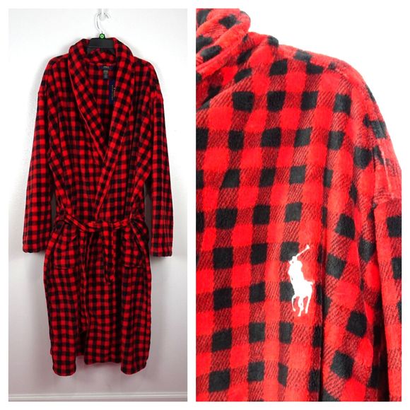 POLO RALPH LAUREN Men's Robe Sleep Fleece Plush Plaid Buffalo Red Black L/XL NWT - Picture 2 of 14